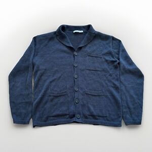 Inis Meain Pub Jacket Mens L 100% Washed Linen Cardigan Sweater Navy